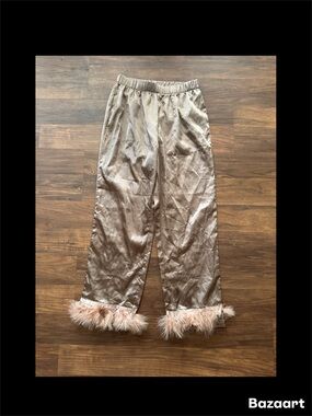 Gold and pink Silk Pants with Feather Hem